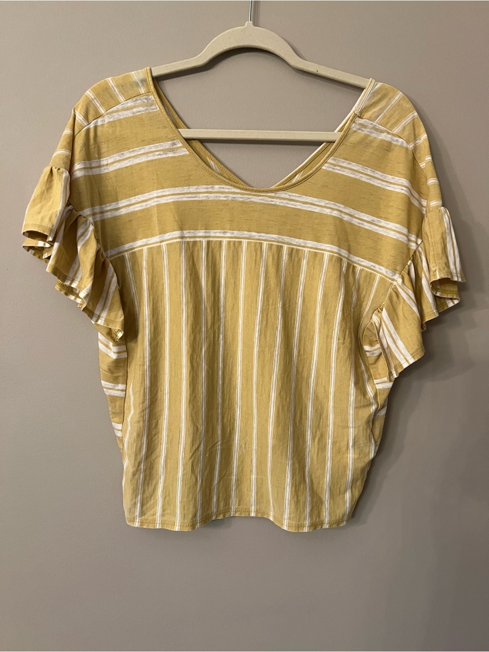 Lucky Brand Mustard Stripe V-Neck Ruffle Sleeve Tee